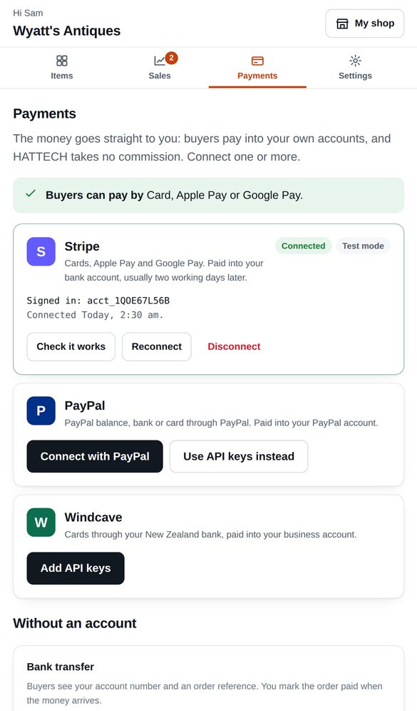 The Payments page in a shop: Stripe connected, PayPal ready to connect, bank transfer and pay when collecting